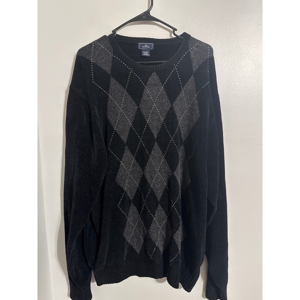 Dockers Mens Argyle Crew Neck Sweater Black Grey Chenille Knit XXL